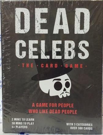 Cover of Dead Celebs The Card Game. Black background, image of skull with top hat and pencil moustache. Red text under skull reads "A Game For People Who Like Dead People."
