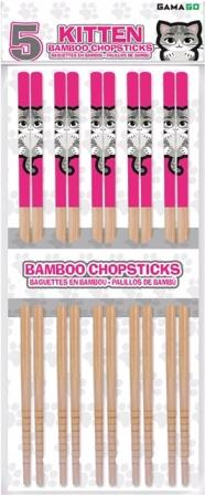 Package of 5 pairs of bamboo chopsticks with cartoon illustration of grey and white kittens against pink at top.