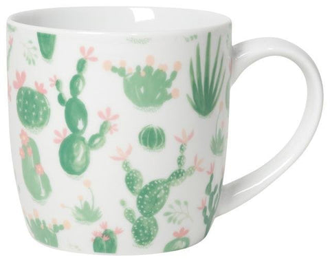 White porcelain mug with pattern of different cacti (green with pink blossoms).
