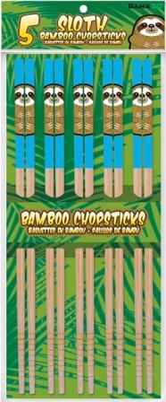 Package of 5 pairs of bamboo chopsticks with cartoon illustrations of sloths against light blue at top.