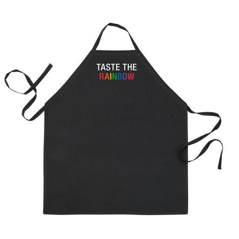 Black apron with text at chest: "Taste the" in white and "Rainbow" in rainbow lettering.