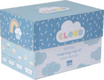 Cloud Nesting Measuring Cup set package. Blue and white color scheme, word "Cloud" in pastel letters inside of white cloud. 