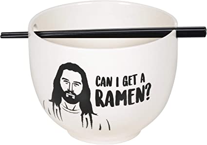 Cermaic ramen bowl with chopsticks, illustration of Jesus and text: Can I Get a Ramen?