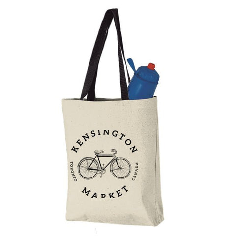 Canvas tote bag with image of bicycle and text "Kensington Market Toronto Canada"