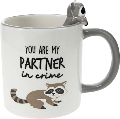 Mug with raccoon image and text "You are my partner in crime"; ceramic raccoon peeking out of mug