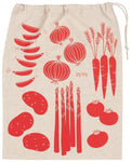 Beige drawstring sack with illustrations of vegetables in red. 