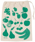 Beige drawstring sack with illustrations of fruits in green.