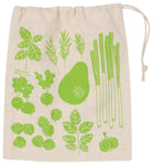 Beige drawstring sack with images of herbs and vegetables in yellow/green.