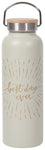 White water bottle with gold text in cursive reading "best day ever" in the middle of the side, with gold lines radiating from it. Stainless steel and wood lid with handle.