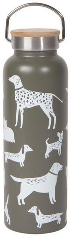 Grey water bottle with white illustrations of dogs. Stainless steel and wood lid with handle.