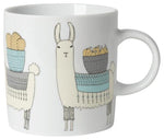 White mug with illustrations of llamas carrying baskets of cargo on their backs. 