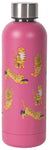 Pink water bottle with illustrations of tigers in different poses. 