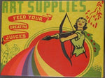 Lid of vintage style tin box in primary colors with illustration of a woman holding a bow and "arrow" with a paint brush as the arrow and a rainbow shooting from the brush's tip. Green letters at top right read "Art Supplies," red banner underneath with yellow letters read "Freed Your Creative Juices." 