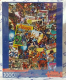 Cover of puzzle box shows 1000-piece puzzle featuring Avengers comics covers from throughout the decades. 