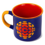 Ceramic mug shows retro orange and yellow CBC logo against dark blue background. Light orange accents, dark orange inside cup.