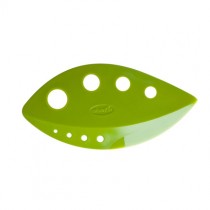 Green leaf shaped greens stripper with holes of different sizes.