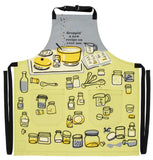 Full apron, including pale yellow skirt with illustrations and yellow, gray and white accents.