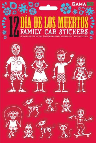 Package of 12 red and white Day of the Dead car stickers depicting skeleton family (parents, kids, pets).