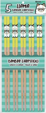 Package of 5 pairs of bamboo chopsticks with cartoon illustration of llama head against lime green at top.