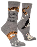 Side view of grey socks with orange, black, and white images of cats and text in script that reads "People I love: 1. cats."