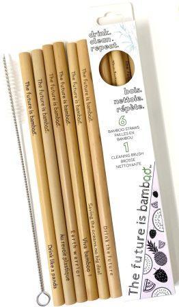 6 bamboo straws plus cleaner shown in package and next to package.