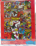 Cover of puzzle box shows 1000-piece puzzle featuring Spiderman comics covers throughout the years. 