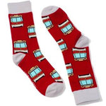 Red socks with design of red and white Toronto streetcars. White toes, heels, and cuffs. 