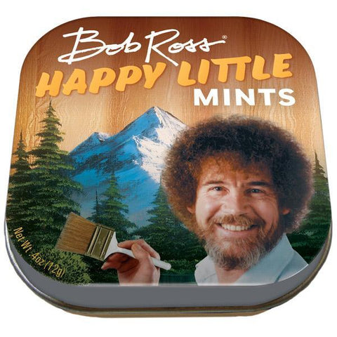 Mints tin with image of smiling Bob Ross holding paint brush in front of nature scene. White and yellow text: "Bob Ross Happy Little Mints."