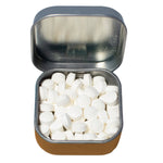 Open mints tin with round white mints.
