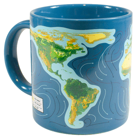 Gif of heat changing mug that shows effects of climate change on a map of the world. Blue mug, continents depicted in green and yellow surrounded by pale blue.