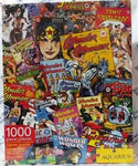Cover of puzzle box shows the 1000-piece puzzle featuring Wonder Woman comics covers throughout the years.