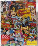 Cover of puzzle box shows the 1000-piece puzzle featuring Wonder Woman comics covers throughout the years.