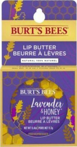 Package of Lavender & Honey Lip Butter. Lavender with yellow accents and honeycomb motif.