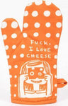 Orange oven mitt with white polka dots and cartoon illustration of a little girl holding a piece of Swiss cheese up to her eyes and looking through the holes. Above her head the words "Fuck, I Love Cheese."