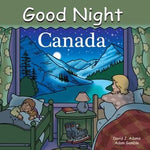 Front of board book with illustration of mother and boy in beds separated by a night table. Boy is sleeping with a teddy bear. Mother is gazing at mountain and lake scenery in picture window. The window features green curtains with yellow maple leaves. Text at top of book reads "Good Night Canada." 