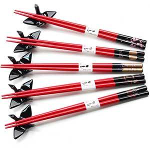 Red Chopsticks with Black Crane Rest Set of 5
