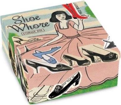 Tin box with illustration of woman in a dress with a full skirt, sitting on the grass. Skirt spreads out over the grass, with various high heeled shoes resting on the skirt. She's holding up and examining a boot. Text on left corner reads "Shoe Whore Storage Box." Color scheme is red, blue, black, and green.