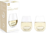 Two clear tumblers with Wine Twirls in white wine, next to Wine Twirls Wine For Two box. 