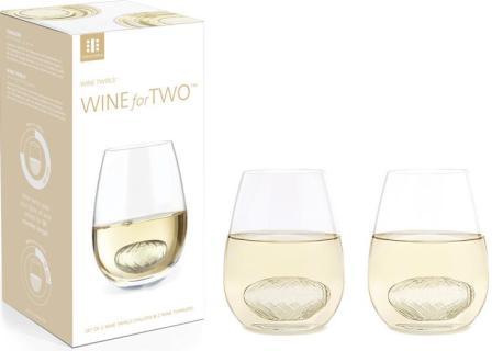 Two clear tumblers with Wine Twirls in white wine, next to Wine Twirls Wine For Two box. 