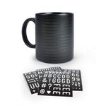 Word Of Mouth Mug with no text and accompanying sheets of white letters and symbols.