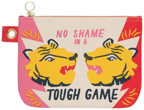 Pink, beige and red zipper pouch with cartoon tiger heads facing each other. Pink text above heads reads "No Shame In A," and continue in larger black text underneath, "Tough Game."