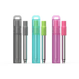 Charcoal, teal and berry pocket straws shown inside and next to their translucent carrying cases. Straws are stainless steel with colored plastic drinking ends. 